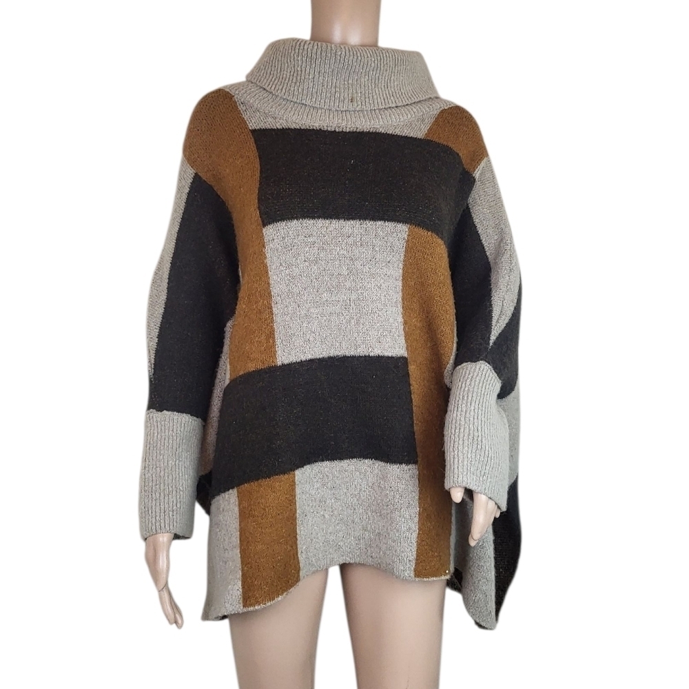 Zara Knit Tan Brown Poncho Sweater Wool Blend Oversized Womens
